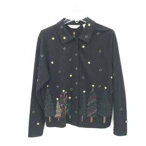 Bechamel Womens Christmas Tree Holiday Button Up Embroidered Beaded‎ Top M